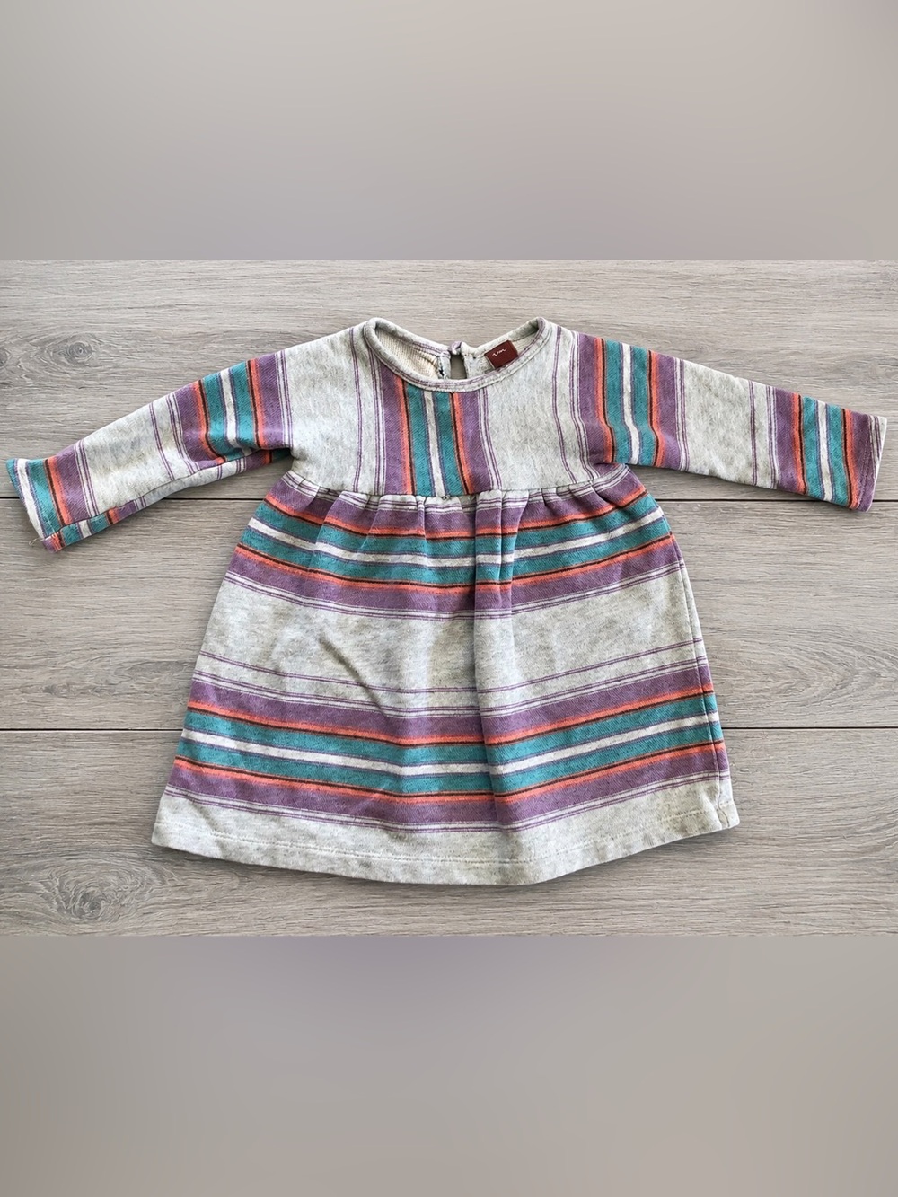 Tea Collection Grey Teal Purple Stripe Long Sleeve Babydoll Tunic Dress 12-18 M